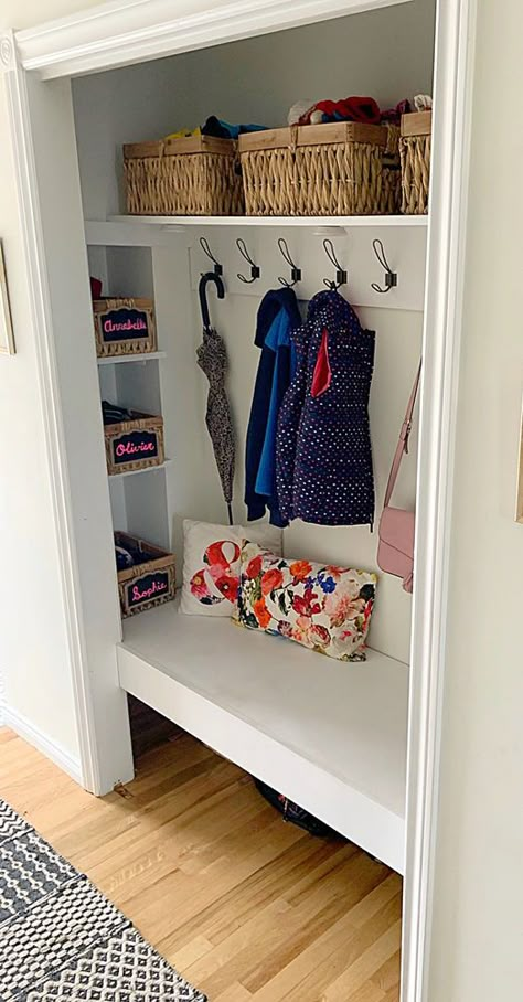 Front entrance closet transformation Front Entry Closet Makeover, Foyer Coat Closet, Front Entrance Closet, Closet To Mudroom Convert, Front Closet Makeover, Front Entry Closet, Small Entry Closet Ideas, Closet Turned Mudroom, Entry Closet Ideas