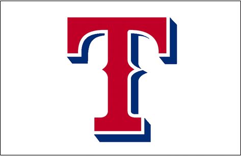 Texas Rangers Jersey Logo (2004) - Red T with blue dropshadow and white outline. Worn on front of Texas Rangers home white alternate (and sleeveless) uniforms from 2004 to 2008 Texas Rangers Nails, Texas Rangers Logo, Reggae Art, Texas Tattoos, Texas Baseball, Baseball Teams Logo, Texas Sports, Texas Rangers Baseball, Texas Ranger