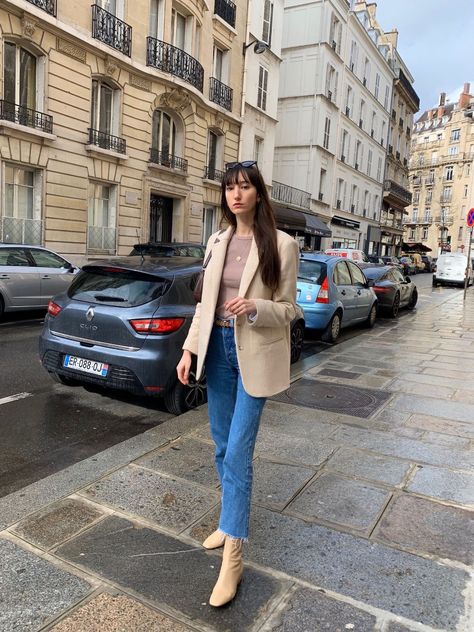 Parisian spring look: Rouje Jacques Blazer, Rouje Marais Jean & Beige Leather Lara Boots Beige Leather Blazer Outfit, French Spring Outfits, Black Wrap Coat, Beige Boots Outfit, Parisian Look, Parisian Summer, Beige Boots, Parisian Chic Style, French Girl Style