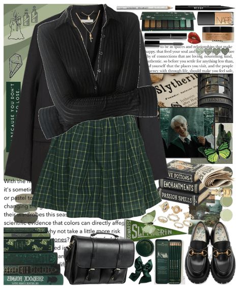 Slytherin Dark Academia Outfits, Deep Green Outfit Aesthetic, Slytherin Academia Outfit, Green And Black Outfits For Women, Green Academia Aesthetic Outfits, Green Dark Academia Outfit, Green Peacoat Outfit, Slytherin Outfit Casual, Slytherin Clothes Aesthetic