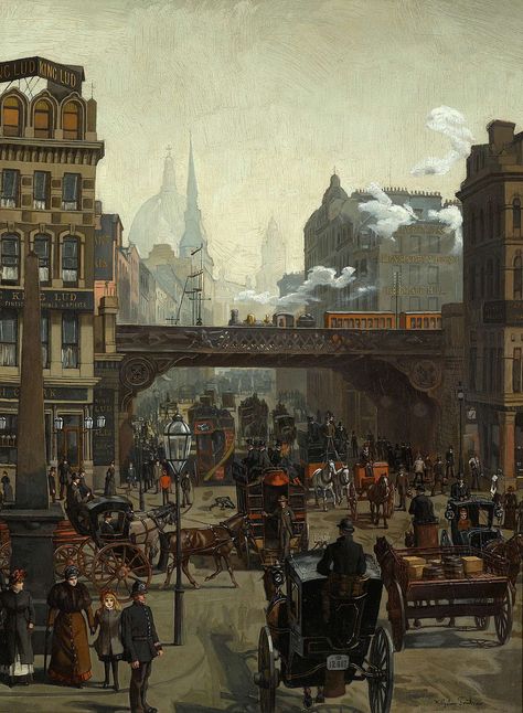 | Wilhem Trübner - Ludgate Hill, London | Wilhelm Trübner (1851 - 1917) was born in Heidelberg, the son of a goldsmith. 1800 Aesthetic, Historical London, 19th Century London, August Sander, Victorian England, Albert Bierstadt, Victorian Paintings, Victorian London, London History