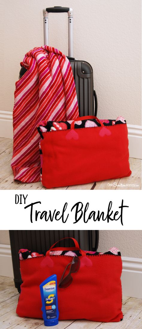 Turn any blanket into a travel blanket perfect for an airplane or the beach with this simple video tutorial {OneCreativeMommy.com} #tutorial #travelblanket Travel Blanket Video Tutorial Diy Travel Blanket And Pillow, Travel Blanket And Pillow, Travel Blanket Diy, Sewing Travel Accessories, Travel Blanket Airplane, Quillow Pattern, Travel Pillow Diy, Fleece Sewing, Sew Gifts