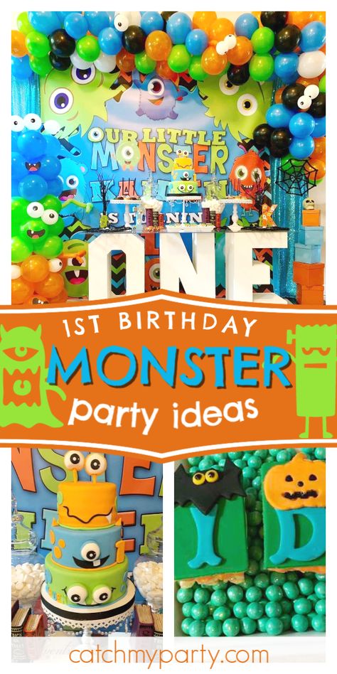 Monster One Year Birthday Party, 1st Birthday Monster Theme, One Little Monster Birthday, Monster Mash First Birthday Party, Monster First Birthday Party, Monster Birthday Party 1st, Monster Themed First Birthday, One Year Old Birthday Ideas, Zayn Birthday