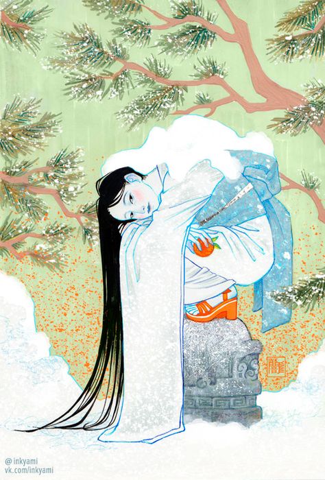 yuki_onna_by_inkyami Snow Woman, Yuki Onna, Japanese Mythology, Force Of Nature, Japanese Folklore, Japanese Illustration, Japon Illustration, Water Can, Japan Art