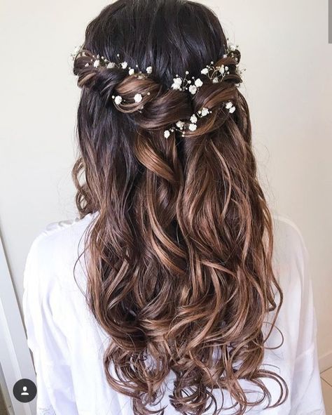 Prom Hairstyles With Baby Breath, Prom Hair With Baby Breath Flowers, Long Wedding Hair Flowers, Waterfall Braid Bridal Hair, Bridal Hairstyles With Bangs Half Up, Bridal Hair With Babies Breath, Long Bridal Hair With Flowers, Boho Hair Flowers, Hairstyle With Baby Breath