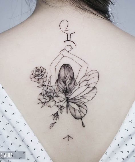 Sun Moon Gemini Tattoo, Floral Gemini Tattoo, Tattoo Ideas Gemini Unique, Back Tattoo Women Gemini, Fairy Spine Tattoos For Women, Gemini Fairy Tattoo, Gemini Back Tattoo Women, Tattoo Ideas Female Gemini, Gemini Tatoos Ideas