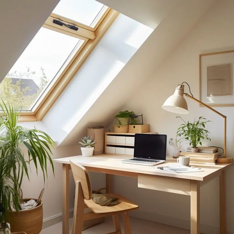 Home_Office_A_compact_attice room Attic Living Room Sloped Ceiling, Attic Tv Room, Small Attic Office, Attic Office Space, Small Attic Spaces, Small Attic Room Ideas, Low Ceiling Attic, Small Attic Bedroom, Small Attic Room