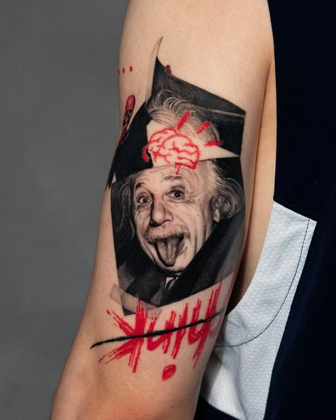 Trashpolka Tattoo Einstein - Best Tattoo Ideas Gallery Einstein Tattoo Ideas, Pop Art Tattoo Black White, Small Realism Tattoo Ideas, Banger Tattoos, Small Realism Tattoo, Einstein Tattoo, Trashpolka Tattoo, Trash Polka Tattoo Designs, Pop Art Tattoos