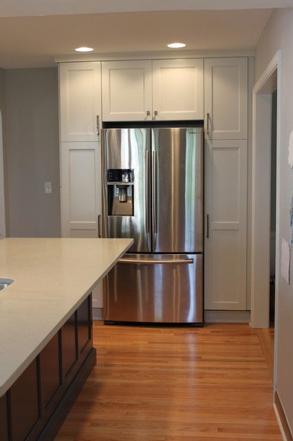 Cabinets Surrounding the Fridge - Transitional - Kitchen - Chicago - by Sheri's Design and Consulting | Houzz Cabinets Surrounding Refrigerator, Fridge With Cabinets Around It, Cabinets Around Refrigerator, Modern Fridge, Refrigerator Kitchen, Refrigerator Cabinet, Maximize Storage, Kitchen Refrigerator, School House