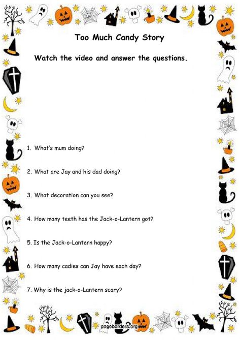 Ejercicio de Halloween - Too Much Candy Story Halloween Worksheets For Kids, Halloween Definition, Story Worksheet, Halloween Quiz, Halloween Vocabulary, Halloween Word Search, Halloween Puzzles, Halloween Worksheets, Halloween Stories