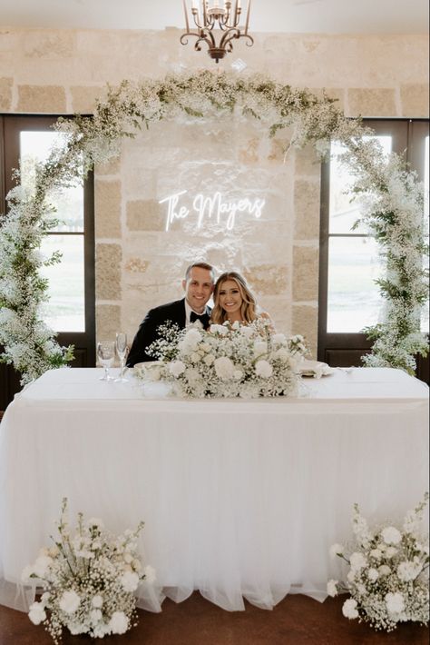 Sweetheart Table Engagement Party, Wedding Table Decorations Main Table, Flowers Head Table Wedding, His And Her Table Wedding Decor, Behind The Bride And Groom Table, Wedding Backdrop Behind Sweetheart Table, Sweetheart Table And Bridal Party, Floral Arch Head Table, Wedding Arch Pictures