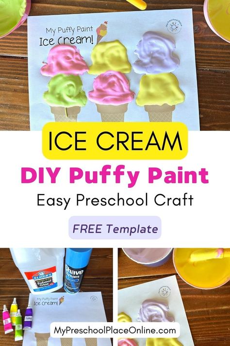 Here's a fun summer ice cream craft to do with your preschoolers. This puffy paint ice cream cone craft is easy, fun, and sensory! We'll show you how to make homemade puffy paint and use it to create ice cream cone art. Plus, our FREE cone template makes it even easier - just download now and start crafting away! Your little ones will love playing around with different colors of puffy paint and creating unique "flavors" each time. Get the free template and directions on the blog now! Puffy Paint Ice Cream Cone, Ice Cream Puffy Paint, Puffy Paint Ice Cream, Ice Cream Ideas, Ice Cream Cone Craft, Ice Cream Craft, Cool Crafts For Kids, Homemade Puffy Paint, Diy Puffy Paint