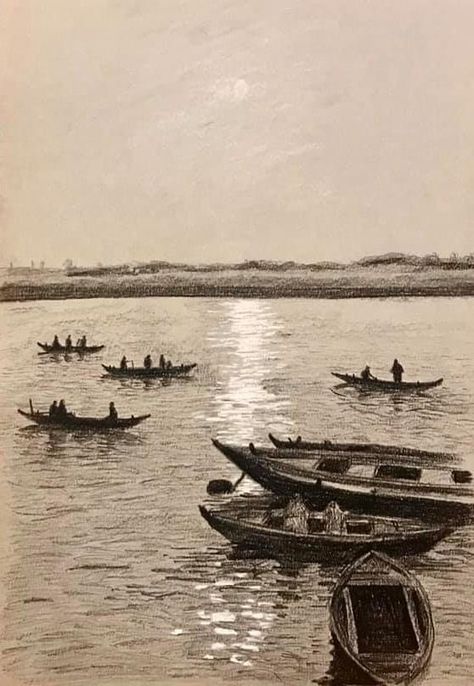 Benaras ghat with boats - charcoal art Ganga Ghat, Charcoal Sketch, Cute Easy Drawings, Pencil Sketch, Pencil Drawing, Art Drawing, Pencil Drawings, Easy Drawings, Boats