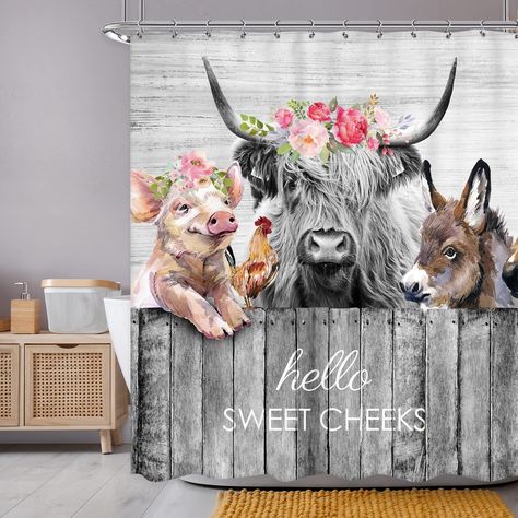 Cow Shower Curtain, Rose Shower Curtain, Kids Bathroom Accessories, Farmhouse Shower, Bathtub Decor, Flower Shower Curtain, Highland Cow Print, Rustic Curtains, Flower Shower