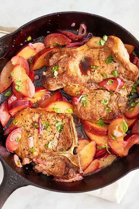 Recipe: One-Pan Basil Plum Pork Chops | Kitchn Plum Pork, Skillet Pork Chops, Tender Pork Chops, Plum Recipes, Creamy Mushroom Sauce, Recipe Roundup, Pork Chop, 30 Minute Meals, Pork Chop Recipes