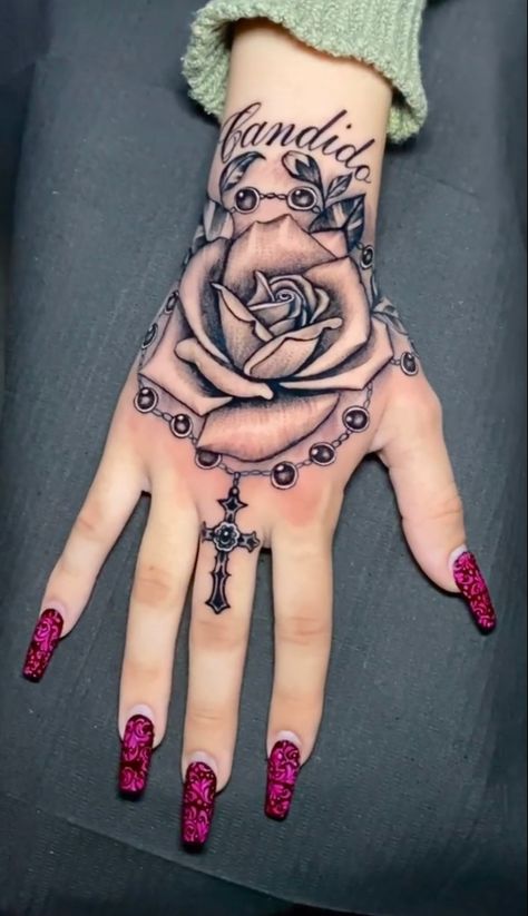 Girly Hand Tattoos For Women, Chicana Hand Tattoos, Tatttooo Ideas For Women Hand, Top Hand Tattoos For Women, Thug Tattoos For Women Arm, Unique Hand Tattoos Women, Hand Tattoos For Women Unique Beautiful, Hand Tats For Women, Pretty Hand Tattoos For Women