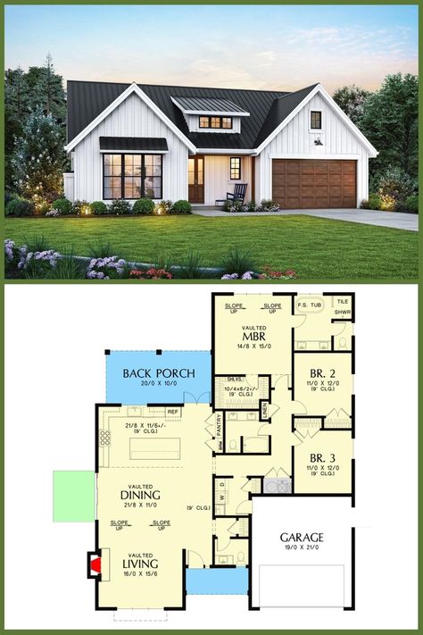 Modern Farmhouse Plans - Tour this 1,959 Sq Ft. 3-Bedroom 1-Story Modern Farmhouse. Go inside: https://buff.ly/4aANBLx | Facebook Farmhouse 3 Bedroom Floor Plans, Modern House Exterior 1 Story, Floorplan 1 Story, Free House Plans 3 Bedroom, One Story Modern Farmhouse, American House Design, Fireplace Floor, Mediterranean Houses, House Floorplan