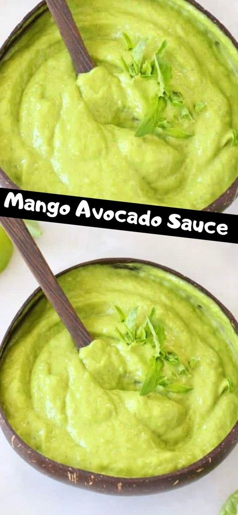 Vegan creamy avocado sauce recipe with mango, citrus and basil. Mango Sauce Recipe, Recipe With Mango, Burrito Sauce, Avocado Sauce Recipe, Veggie Society, Delicious Sauces, Jackfruit Tacos, Easy Vegan Lunch, Plant Based Meal Planning