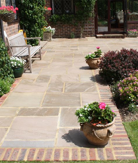 Patio Border, Sandstone Patio, Plants Greenhouse, Brick Garden Edging, Indian Sandstone, Brick Edging, Gardening Planting, Brick Patio, Front Gardens