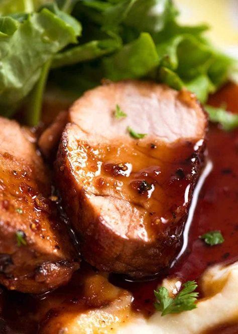 Slice of juicy Honey Garlic Pork Tenderloin on a bed of creamy mashed cauliflower Honey Pork Tenderloin Recipes, Best Sauce For Pork Tenderloin, Pork Tenderloin With Honey Garlic Sauce, Pork Fillets Recipe, Pork Filets Recipes, Pork Loin Sauce Recipes, Sauces For Pork Tenderloin, Sliced Pork Tenderloin Recipes, Pork Tenderloin Sauce Recipes