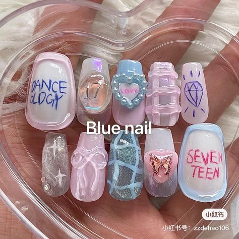 Kim Makeup, Korean Nails, Colored Acrylic, Colored Acrylic Nails, Pretty Gel Nails, Junk Drawer, Love Blue, Nail Art Inspiration, Nail Decorations