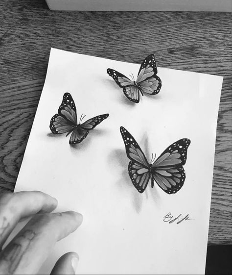 Butterfly 3d Drawing, Butterfly Shadow Tattoo, Micro Realism Butterfly Tattoo, Butterflies Tattoos For Women, 3 Butterfly Tattoo Designs, Butterfly Realism Tattoo, 3d Butterfly Tattoo Stencil, Butterfly With Shadow Tattoo, Shadow Butterfly Tattoo