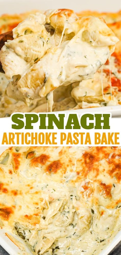 Recipes Using Artichoke Hearts, Spinach Artichoke Ravioli Bake, Spinach Artichoke Stuffed Shells, Artichoke Casserole Recipes, Recipes With Artichoke Hearts, Artichoke Pasta Recipes, Chicken Spinach Artichoke Casserole, Vegetarian Potluck Recipes, Spinach Artichoke Chicken Pasta