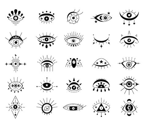 Vector conjunto de símbolos de mal ojo c... | Premium Vector #Freepik #vector #amuleto #ojo-turco #alquimia #tercer-ojo Mystical Eye Tattoo, Eye Sun Tattoo, Eye Symbol Tattoo, Eye Henna, Eyes Symbol, 3rd Eye Tattoo, Henna Design Simple, Ojo Tattoo, Eye Minimalist