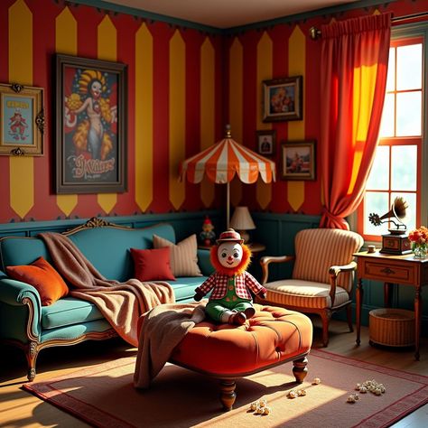 Circus living room Carnival Bedroom, Circus Room Decor, Circus Themed Bedroom, Circus House, Circus Bedroom, Circus Room, Circus Theme, Play Room, Bedroom Themes