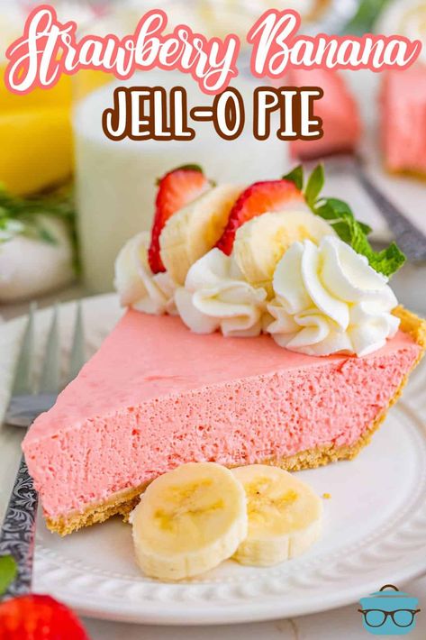 This thick and creamy Strawberry Banana Jell-O Pie is the perfect summertime dessert! Full of flavor and simple to make, this no-bake treat can't be beat! Easy Summertime Desserts, Strawberry Banana Pie, Banana Jello, Cheesecake Pies, Easy Pies, Cool Whip Pies, Jello Pie, Jello Salads, Baking Recipes Pie