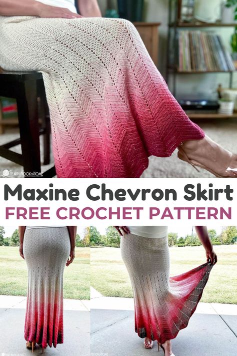 The Maxine is a long crochet chevron skirt pattern. Available in ELEVEN sizes, so grab your hook and start crocheting a skirt with me today! Crochet Skirts Pattern Free, Crochet Maxi Skirt Pattern Free, Maxi Skirt Pattern Free, Skirt Crochet Pattern, Crochet Pants Pattern, Maxi Skirt Pattern, Crochet Apparel, Start Crocheting, Crocheted Clothes