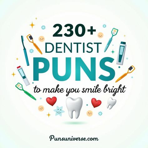 Get ready to brush up on your humor with these 230+ dentist puns that will have you chortling like a toothy grin! From cavity-capades to flossy jokes, this pin is a must for anyone who loves to keep their smile and their spirits bright! 😁🦷 #puns #dentist #humor #jokes #smile #teeth #funny #laugh #punny #oralhealth Dental Jokes Dentistry Funny Dentist, Dental Humor Funny Dentistry, Hygienist Humor, Dentist Puns, Orthodontic Humor, Grape Puns, Dentist Jokes, Teeth Funny, Toothy Grin