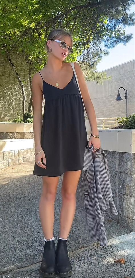 Casual Black Dress Aesthetic, Aritzia Lover Dress, Black And White Photoshoot Outfit, Flannel Spring Outfits, Black Mini Dress Summer, Oxford Summer Outfit, Dress Down A Dress Casual, Thrifted Fits Aesthetic, Bleachers Concert Outfit