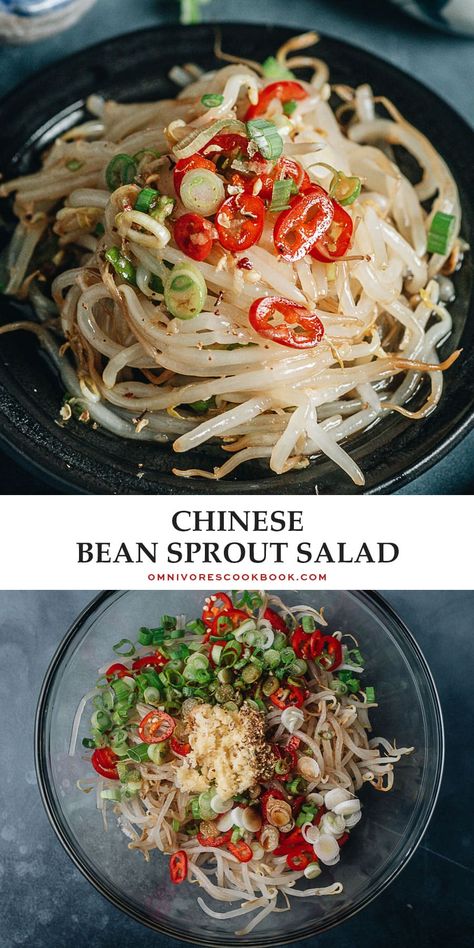 An easy bean sprout salad recipe that is perfect for summer and helps you eat a lot of bean sprouts! The crunchy bean sprouts are tossed with a lot of garlic and a savory sauce that is slightly sour and nutty. It is refreshing yet very flavorful. {Gluten-Free Adaptable, Vegan} Recipes With Bean Spouts, Marinated Bean Sprouts, Orthodox Fasting, Bean Sprout Recipes, Bean Sprout Salad, Fasting Recipes, Chinese Foods, Bean Sprout, Sprout Salad