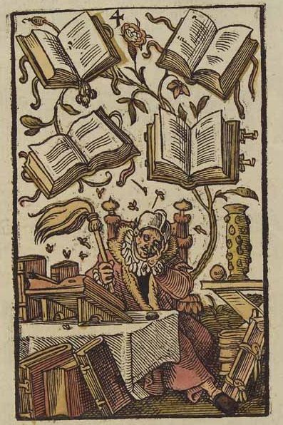 Illustration from Jost Amman, Charta lusoria (Nuremberg: Heußler, 1588): 3 of books. Image from the Herzog August Bibliothek Wolfenbüttel. http://diglib.hab.de/wdb.php?dir=drucke/uh-20=00084 Medieval Book Illustration, Medieval Medical Illustration, Library Drawing, Woodcuts Prints Medieval, Medieval Woodcut Witch, Antique Occult Illustrations, Woodcut Tattoo, Victorian Illustration, Divination Cards