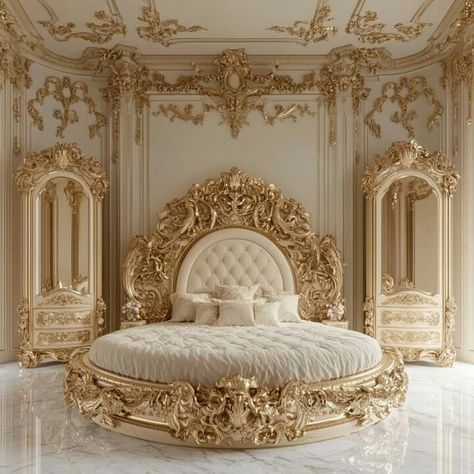 Victorian Royal Bedroom, Circle Bed Designs, Round Bed Designs, Royal Luxury Bedroom Design, Circular Bed, Classic House Interior Design, Luxury Bedroom Interior, Circle Bed, Royal Bedroom