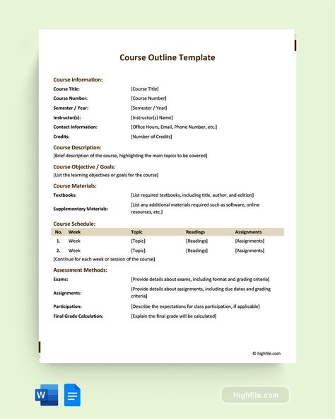 Course Outline Template - Word | Google Docs - Highfile Course Outline Template, Essay On Independence Day, Course Outline, Outline Template, Course Schedule, Essay Template, College Courses, Writing Challenge, College Essay