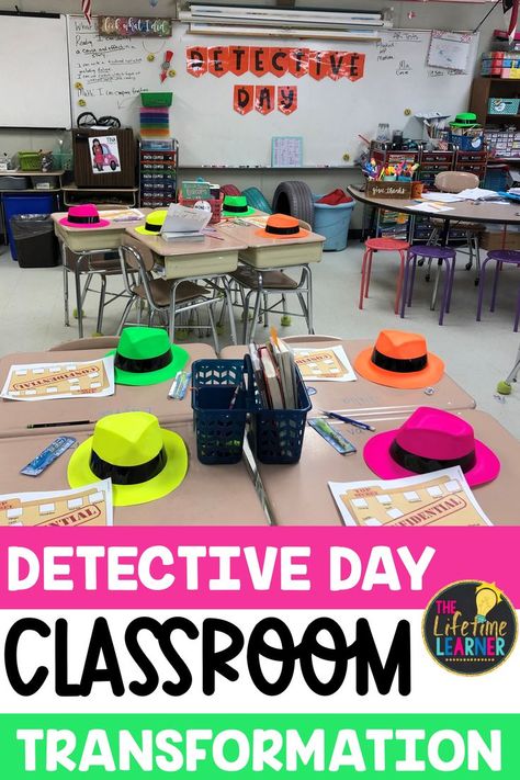 After School Club Room Layout, Quick Classroom Activities, Kindergarten Detective Activities, Escape Room Classroom Elementary, Mystery Classroom Transformation, Detective Day At School, Detective Day Room Transformation, 3rd Grade Escape Room, Classroom Mystery Activity