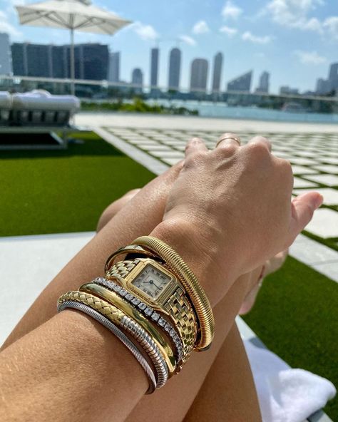 A happy Sunday ☀️ Introducing our new “Tennis Bracelet “ Ti Mix Gold And Silver Bracelets, Stacked Gold Bracelets Aesthetic, Pairing Gold And Silver Jewelry, Mixed Metal Cartier Stack, Stacked Watch And Bracelets, Everyday Luxury Jewelry, Mixed Metal Stacked Bracelets, Gold Bangle Stacking Ideas, Everyday Bracelets Stacked