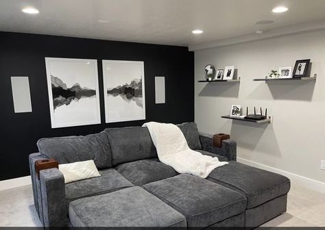 Black Couch Basement, Dark Grey Movie Room, Lovesac Charcoal Grey Corded Velvet, Charcoal L Shaped Couch Living Room, Charcoal Gray Sectional, Lovesac Sactional, Charcoal Couch, Charcoal House, Dark Grey Sectional