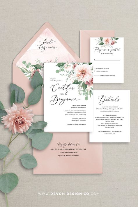 PLEASE READ FULL DESCRIPTION... This blush floral wedding invitation suite is the perfect glimpse into your special wedding day. Accented with stunning watercolor florals in shades of blush and dusty rose and accompanied by premium euro flap envelopes in dusty pink. This design can be carried through your whole wedding.  WHAT YOU WILL RECEIVE: * Beautiful Invitations printed on high-quality, 120lb uncoated white card stock that has a light textured, eggshell finish. * Premium euro pointed-flap e Sage And Blush Invitations, Dusty Pink Wedding Theme, Wedding Dusty Rose, Dusty Pink Wedding Invitations, Wedding Invitations Pink, Romantic Wedding Colors, Blush Floral Wedding, Invitations Pink, Dusty Pink Weddings