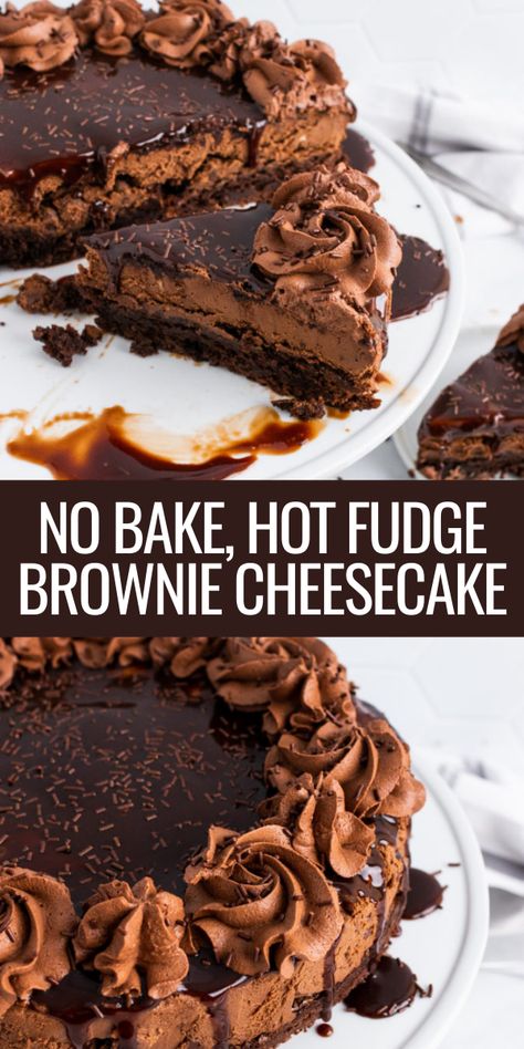 No Bake, Hot Fudge Brownie Cheesecake is a little bit of heaven in every slice. A thick and chewy brownie crust is topped with rich, creamy chocolate cheesecake studded with milk chocolate chips. No baking is required, and once it’s set it’s topped with an indulgent layer of hot fudge for a dessert so decadently dreamy that eating it outta be a sin! #dessert #cake #cheesecake #recipe Chocolate Fudge Brownie Cheesecake, Chocolate Fudge Cheesecake, No Bake Brownie Batter Cheesecake, No Bake Brownie Cheesecake, Sin Dessert, Chocolate Chip Brownie Cheesecake, Fudge Brownie Cheesecake, Chocolate Brownie Cheesecake, Brownie Crust