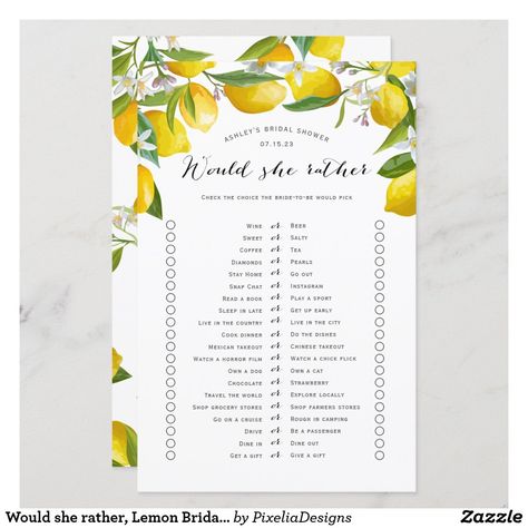 Lemon Themed Bridal Shower, Grocery Store Shopping, Would She Rather, Citrus Wedding, Summer Bridal Showers, Lemon Blossoms, Wedding Shower Games, Bridal Shower Game, Bridal Shower Theme