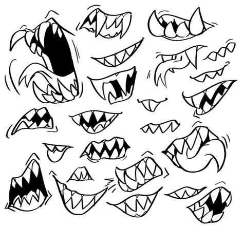 Realistic Teeth Drawing, Smile With Sharp Teeth Drawing, Sharp Teeth Smile Drawing, Pointy Teeth Drawing, Drawing Sharp Teeth, How To Draw Smiles With Teeth, Monster Teeth Drawing Reference, Teeth Art Reference, How To Draw Sharp Teeth