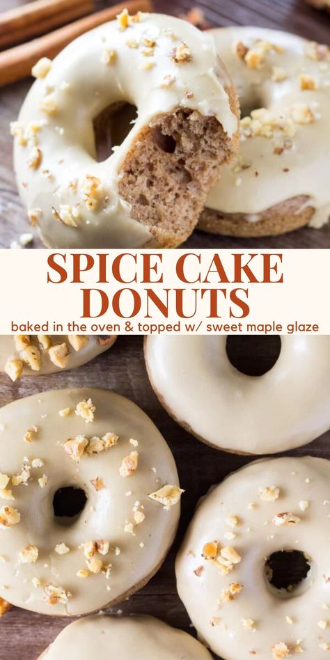 Spiced Donut Recipe, Spiced Cake Donut Recipe, Spice Cake Donut Recipe, Spice Cake Mix Donuts Baked, Doughnut Toppings Ideas, Maple Frosting For Donuts Recipes, Fall Baked Donut Recipes, Spice Cake Donuts Baked, Baked Spiced Donut