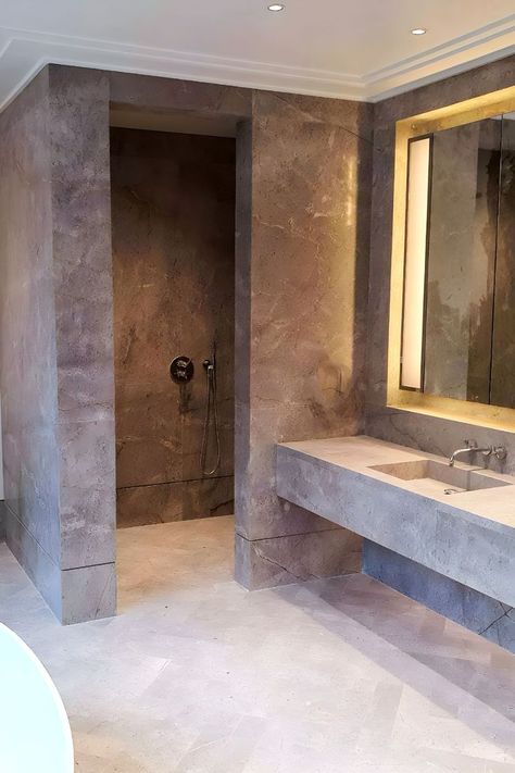 Cement Shower Walls, Concrete Shower Ideas, Cement Floor Bathroom, Polished Concrete Tiles, Microcement Bathroom, Polished Cement Floors, Bath Panels, Cement Bathroom, Concrete Shower