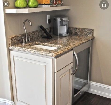 Small Corner Coffee Bar, Bar With Kegerator, Corner Refrigerator, Bar With Sink, Small Wet Bar, Coffee Bar Party, Small Kitchen Plans, Wet Bar Sink, Wet Bar Designs