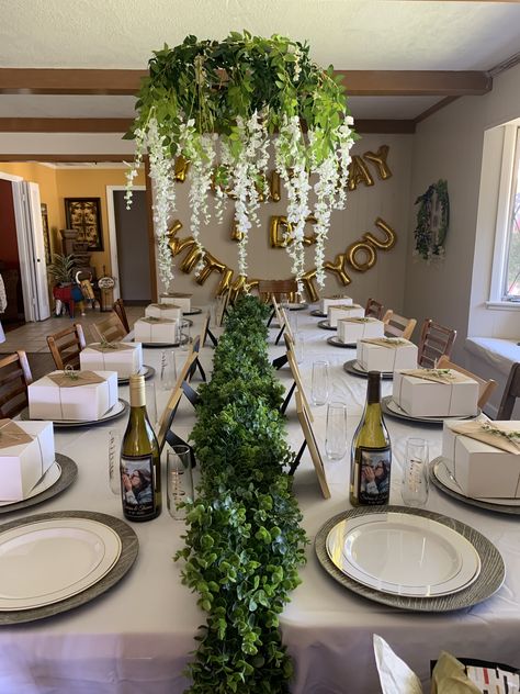 Greenery table setting with bridesmaid proposal boxes Backyard Bridesmaid Proposal, Bridal Proposal Party Decor, Bridesmaid Proposal Table Set Up, Bridesmaid Dinner Proposal, Bridesmaid Proposal Party Decor, Bridesmaid Proposal Table Setting, Bridesmaid Proposal Lunch, Bridesmaid Proposal Dinner, Brunch Backdrop