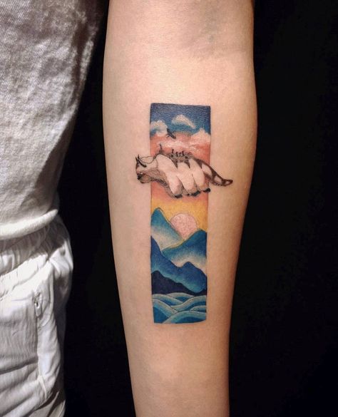 Atla Appa Tattoo, Tattoos About Nature, Avatar Appa Tattoo, Appa And Momo Avatar Tattoo, Woke Tattoos, Avatar Inspired Tattoos, Atla Tattoo Ideas, Avatar Elements Tattoo, Appa Avatar Tattoo