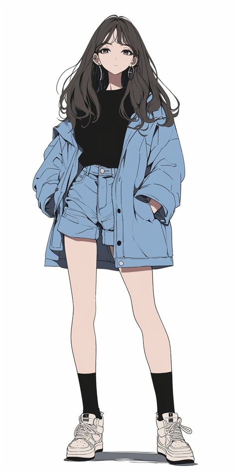 Girl Standing Drawing, Anime Tomboy, Character Design Ideas, Character Artist, Cartoon Sketches, Dress Design Sketches, 캐릭터 드로잉, Tomboy Outfits, Digital Art Anime